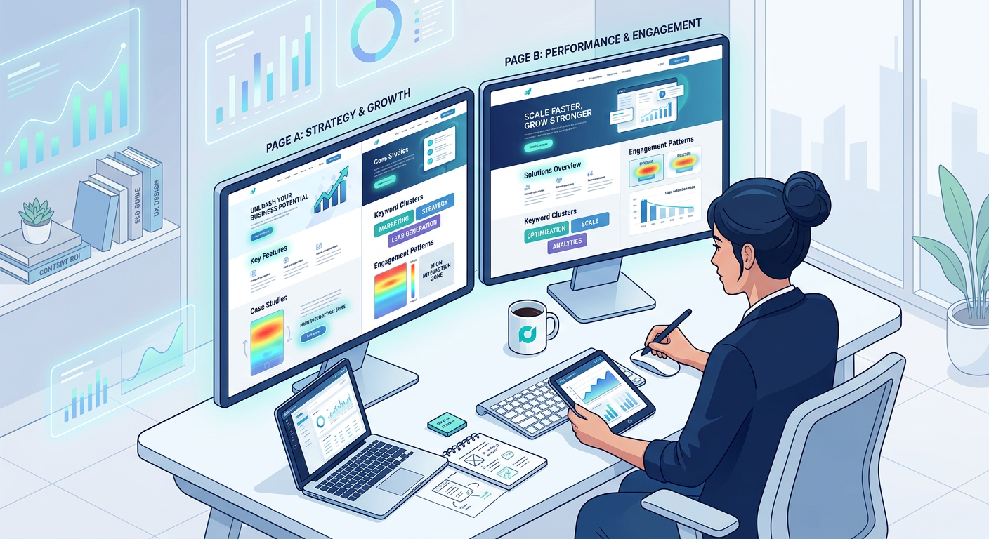 An isometric digital illustration showing a content strategist comparing two website pages side by side, with highlighted ...