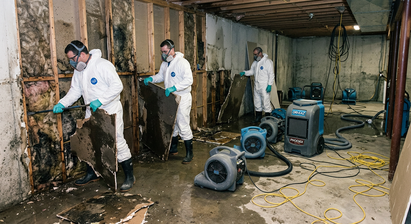 Professional restoration team in protective gear removing contaminated drywall and setting up air movers and dehumidifiers...