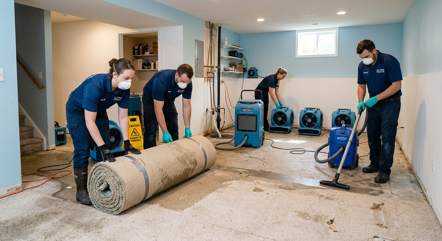 A detailed photorealistic interior scene showing a restoration team removing contaminated carpet, setting up air movers an...