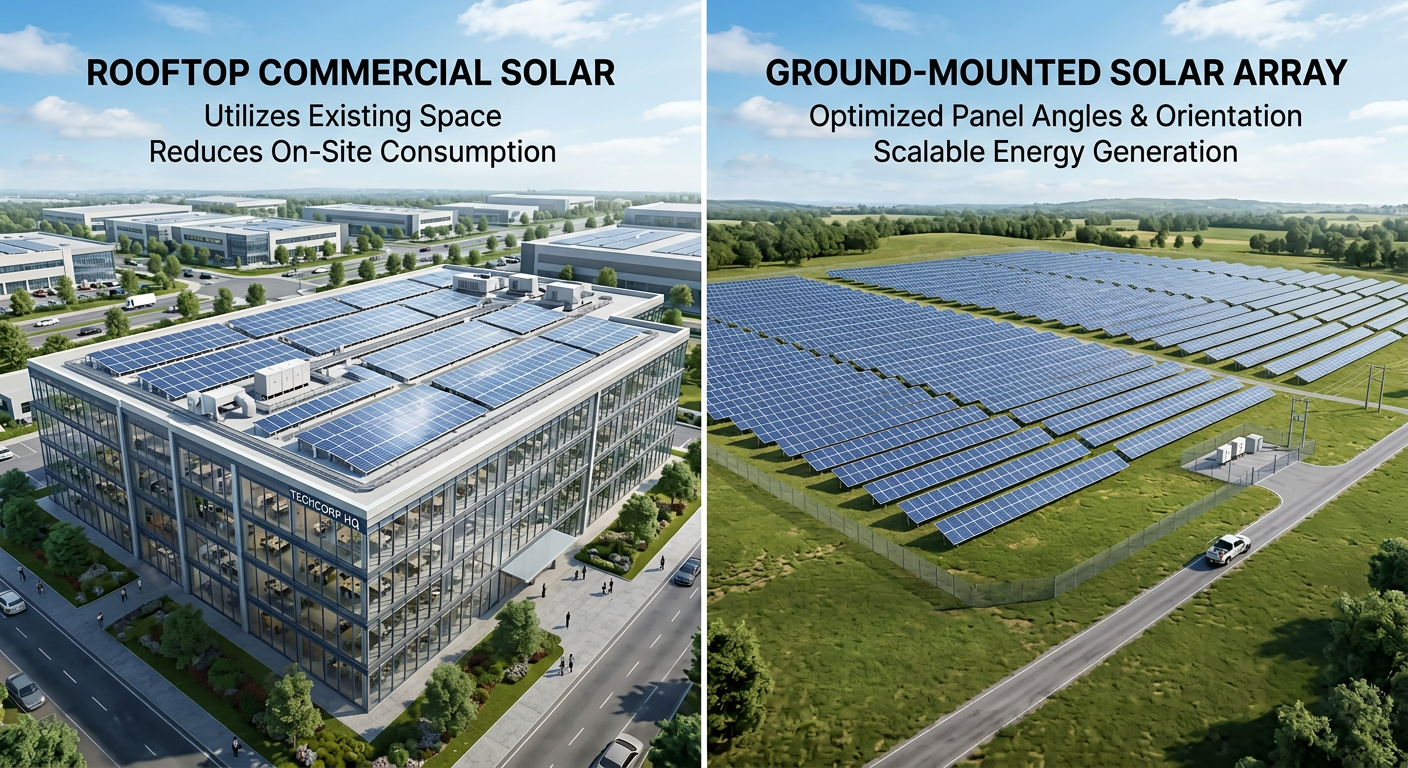 A modern split-view illustration comparing a rooftop solar array on a commercial building with a ground-mounted system in ...