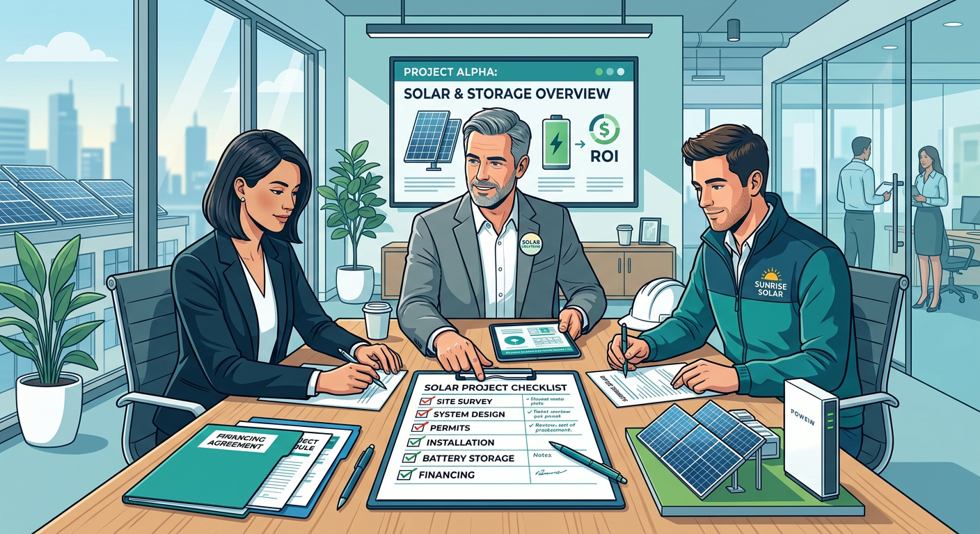 Modern editorial illustration of a solar project checklist being reviewed by a dealer, installer, and property manager, wi...