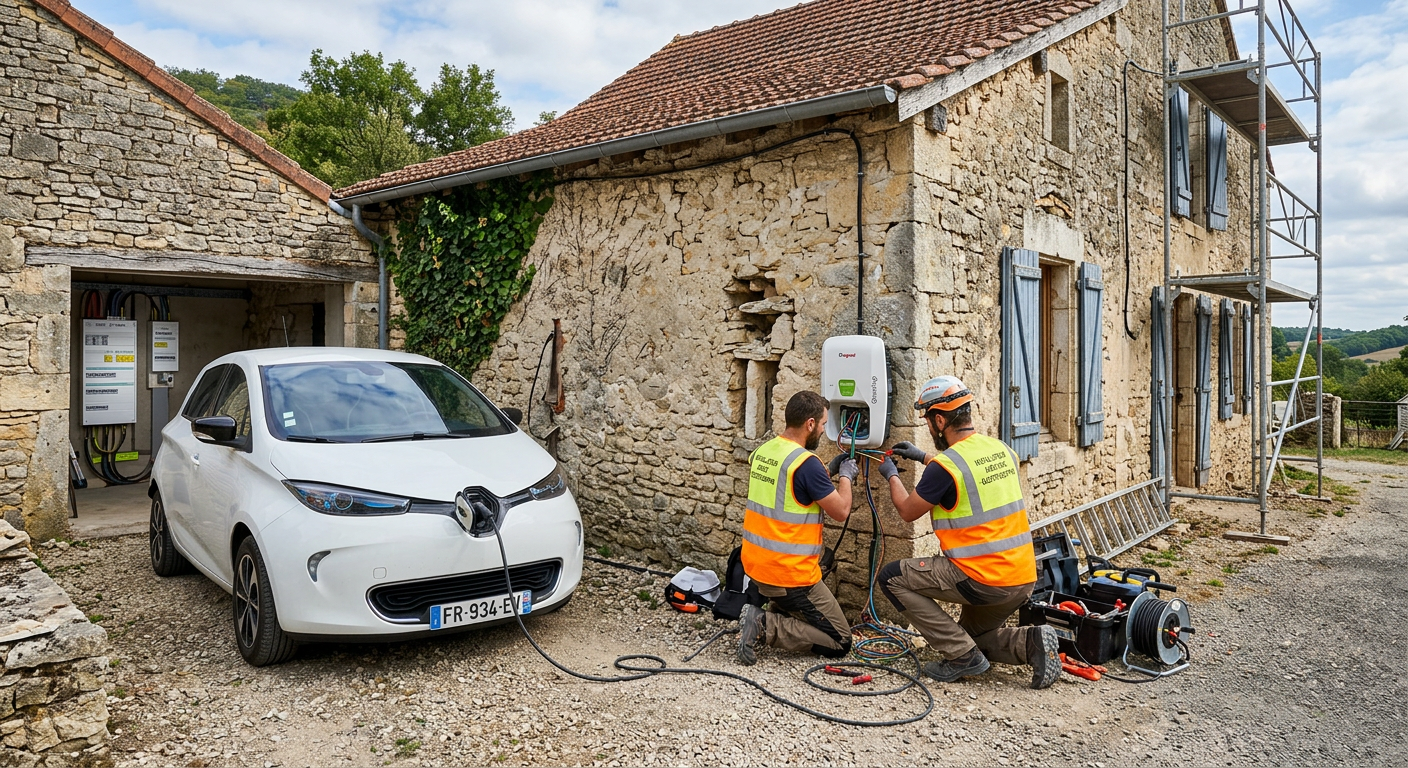 Installateur professionnel posant une borne de recharge électrique devant une maison ancienne rénovée avec un véhicule électrique en charge pour une installation individuelle IRVE.