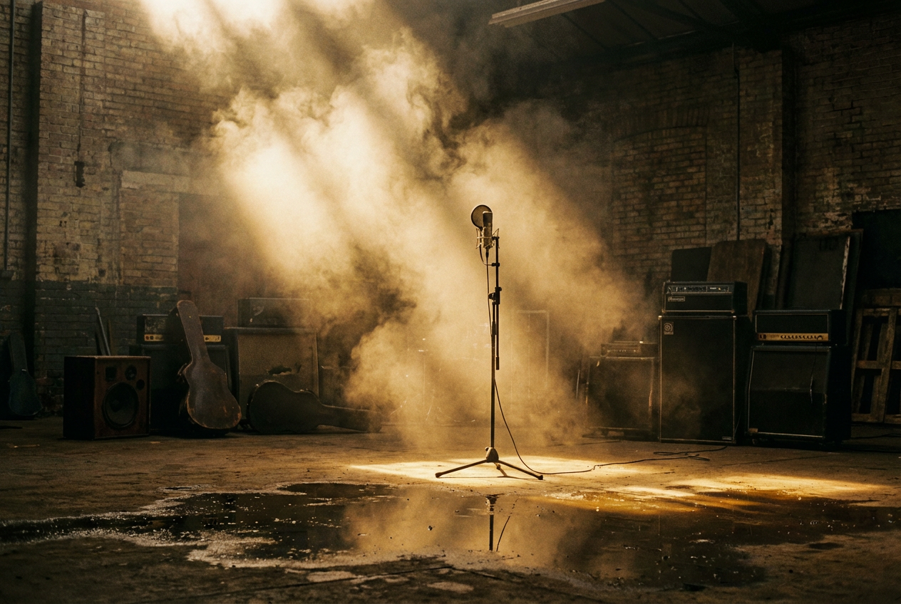A dark, atmospheric warehouse interior with shafts of golden light cutting through thick smoke, a lone microphone stand center frame, scattered guitar cases and amplifier stacks lining the walls, puddles on the concrete floor reflecting amber light