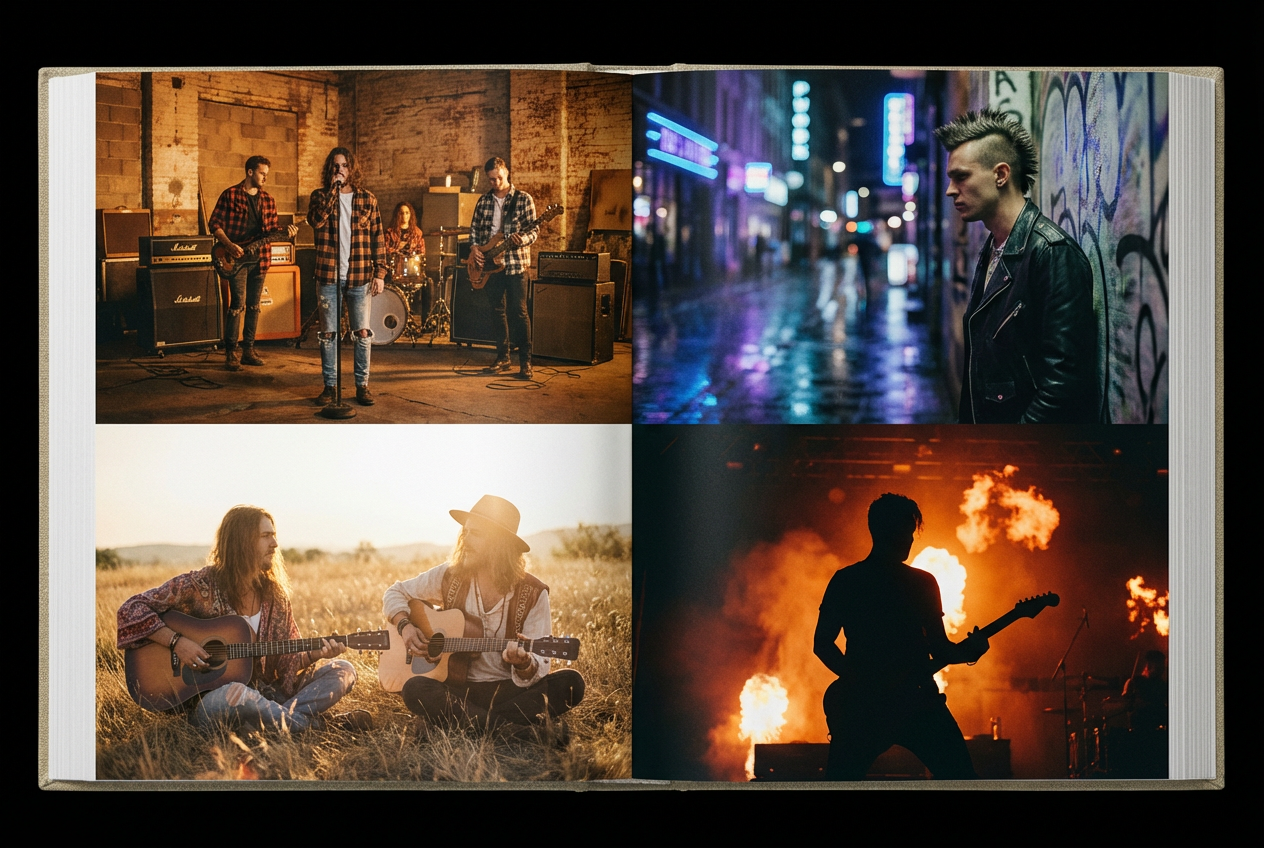 A split-screen view showing four different rock visual aesthetics side by side — top left shows a gritty grunge scene with yellow-tinted warehouse interior, top right shows a neon-punk cityscape with pink and green lights, bottom left shows a moody indie scene with soft golden hour light on an empty field, bottom right shows an aggressive hard rock scene with red flames and dark silhouettes