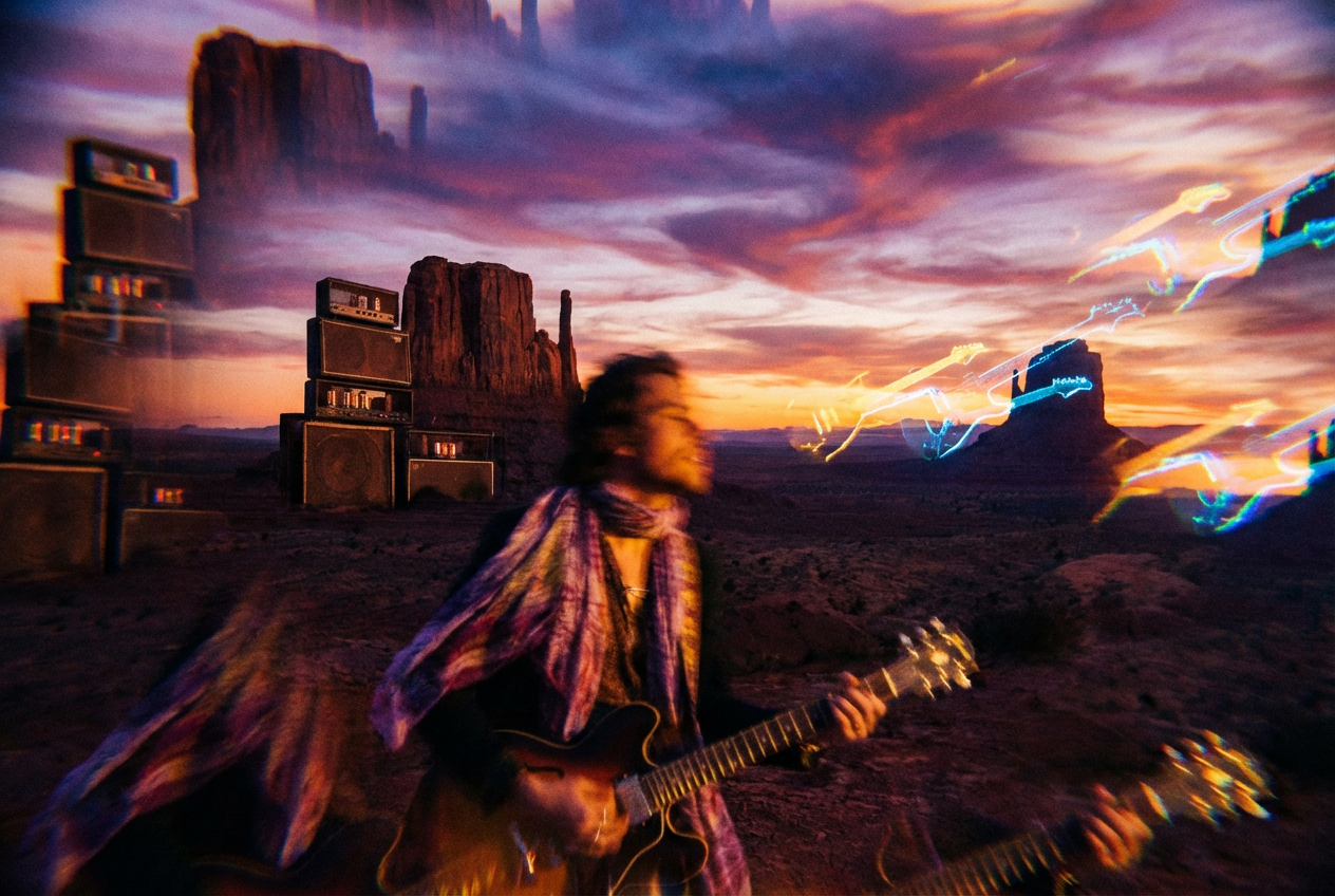 An abstract, psychedelic rock music video frame showing a morphing landscape where desert rock formations transform into amplifier stacks, electric guitar silhouettes dissolve into lightning bolts against a deep purple and orange sunset sky, visual distortion effects at the edges creating a hallucinatory atmosphere