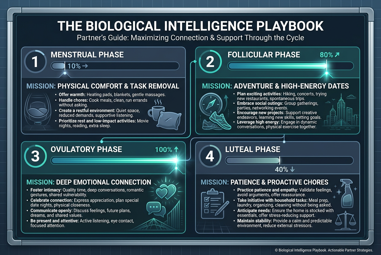 Infographic showing the Four-Phase Playbook for boyfriends, mapping menstrual cycle phases to specific relationship support missions and energy levels.