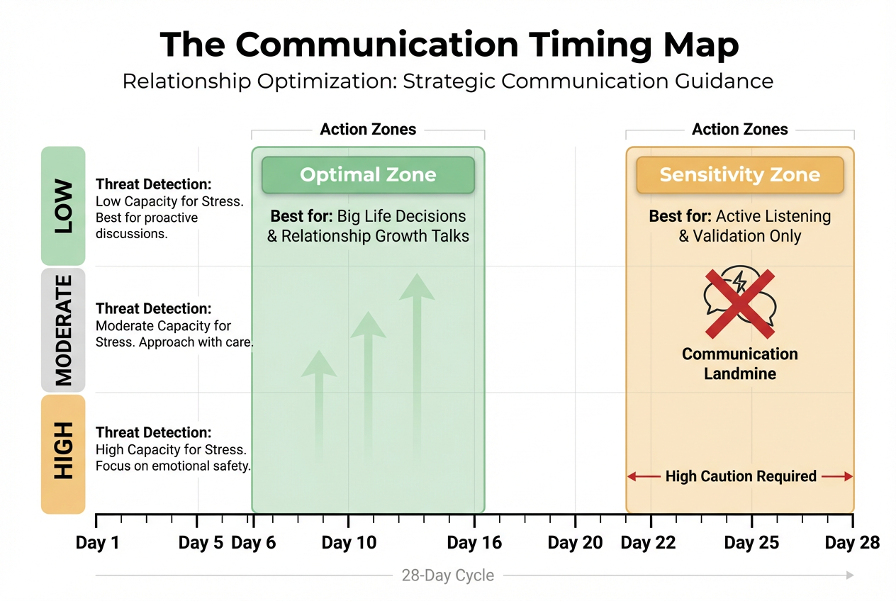 A communication timing map for boyfriends illustrating the best times for difficult conversations versus active listening based on cycle phases.