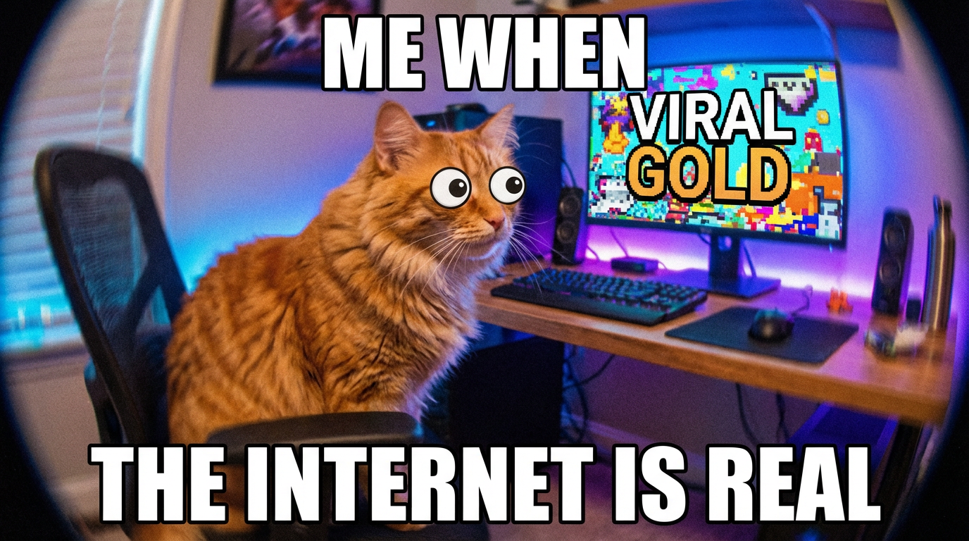 A surprised cat sitting at a computer desk with wide eyes looking at a screen, dramatic zoom effect, vibrant colors, viral internet meme style