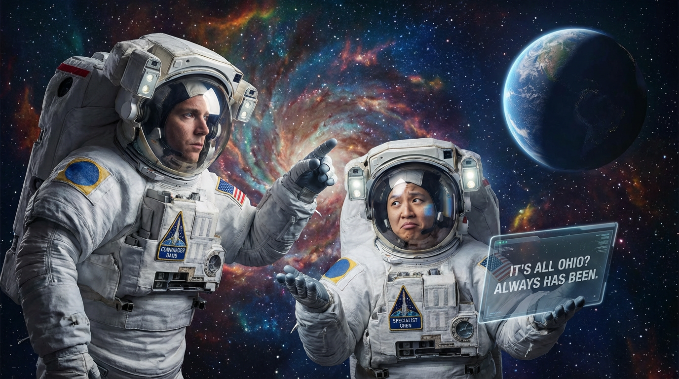 Two astronauts floating in space, one pointing at the Earth while the other makes a confused face, vibrant cosmic background