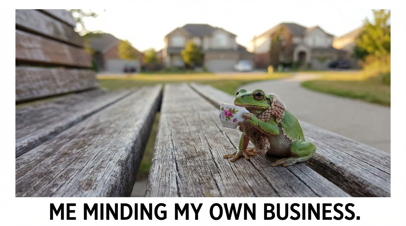 A frog sitting calmly on a park bench drinking tea from a tiny cup, peaceful suburban background, classic meme reaction image style