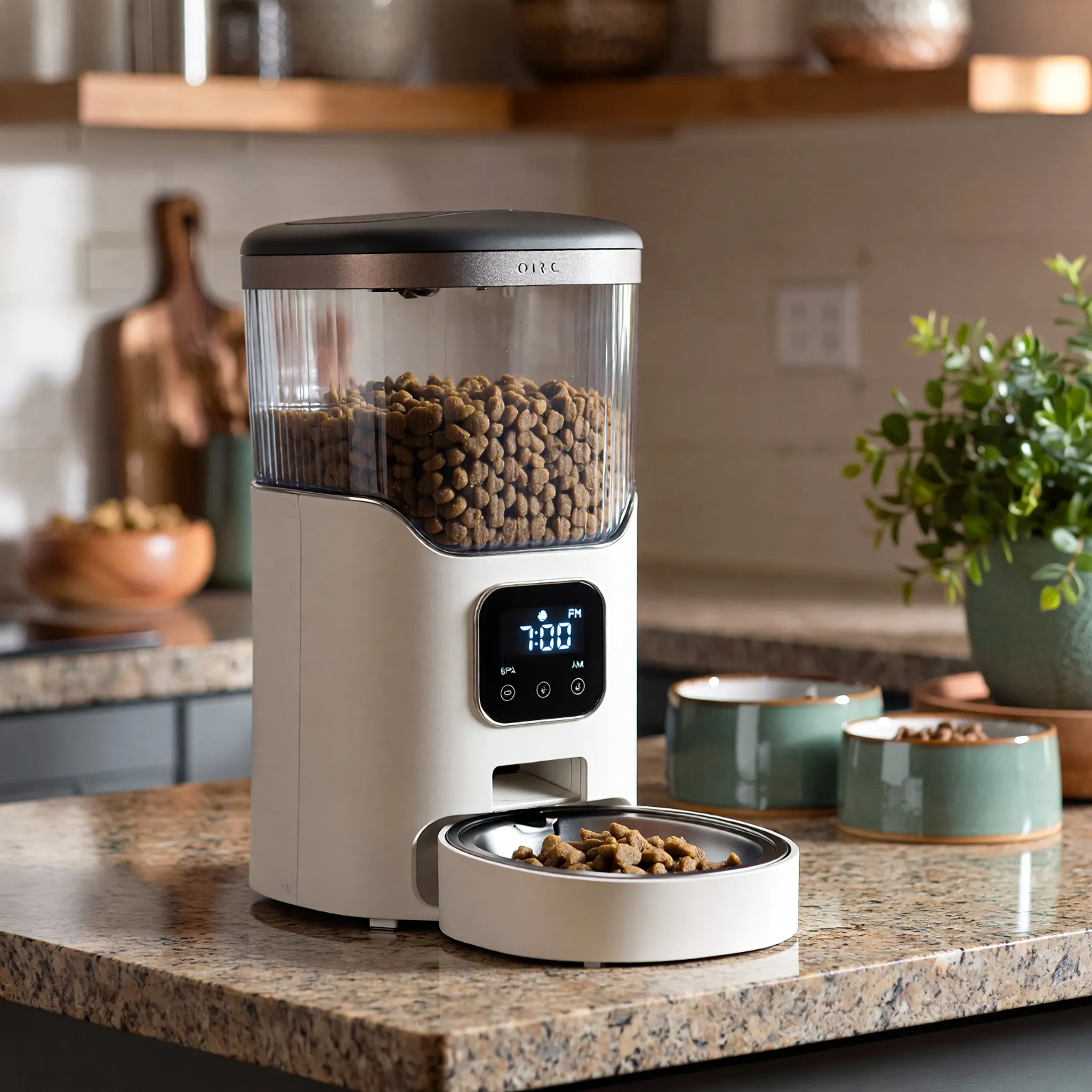 Nowoczesny inteligentny dozownik karmy dla zwierząt na kuchennym blacie, z cyfrowym wyświetlaczem i przytulnym tłem.
