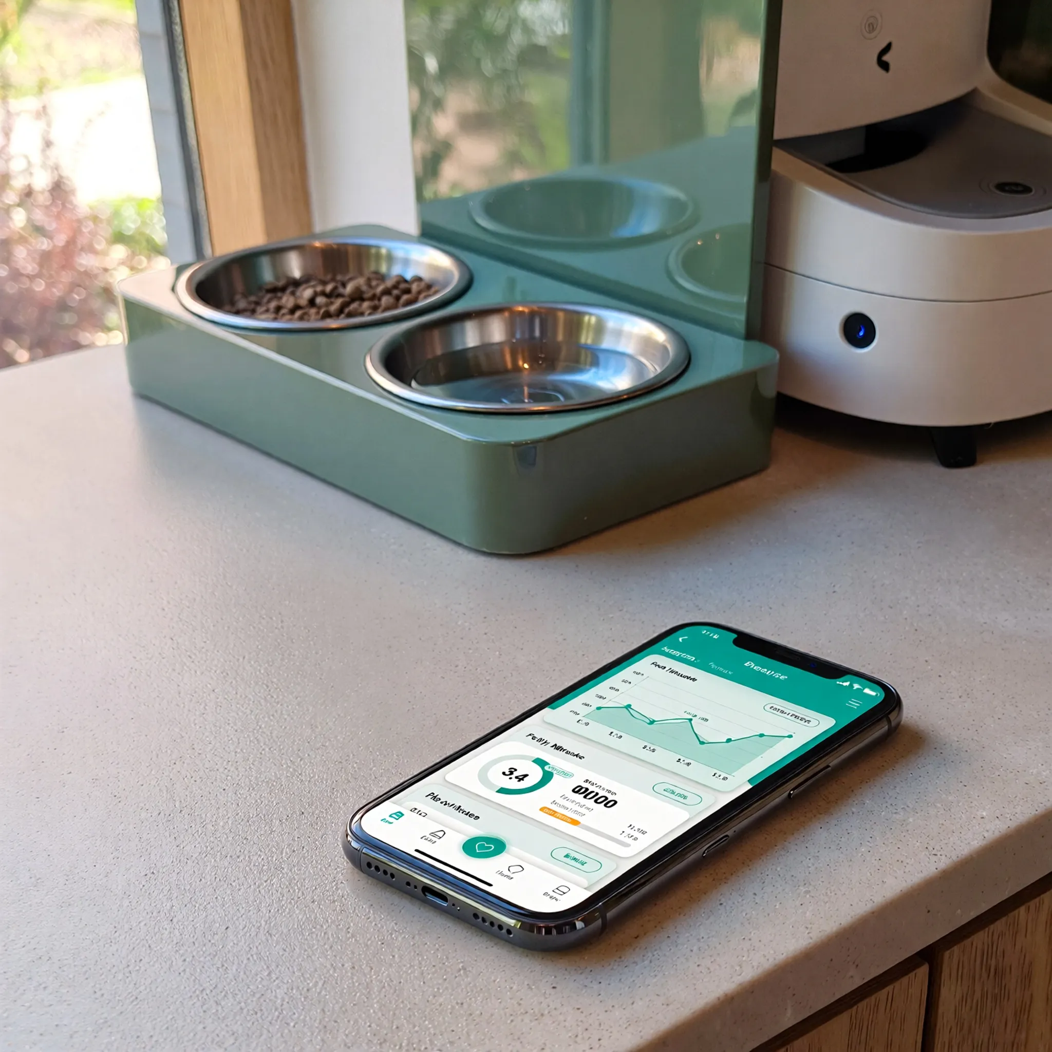 Smarfon z interfejsem aplikacji do monitorowania zdrowia zwierząt, z danymi o jedzeniu i piciu w nowoczesnym otoczeniu.