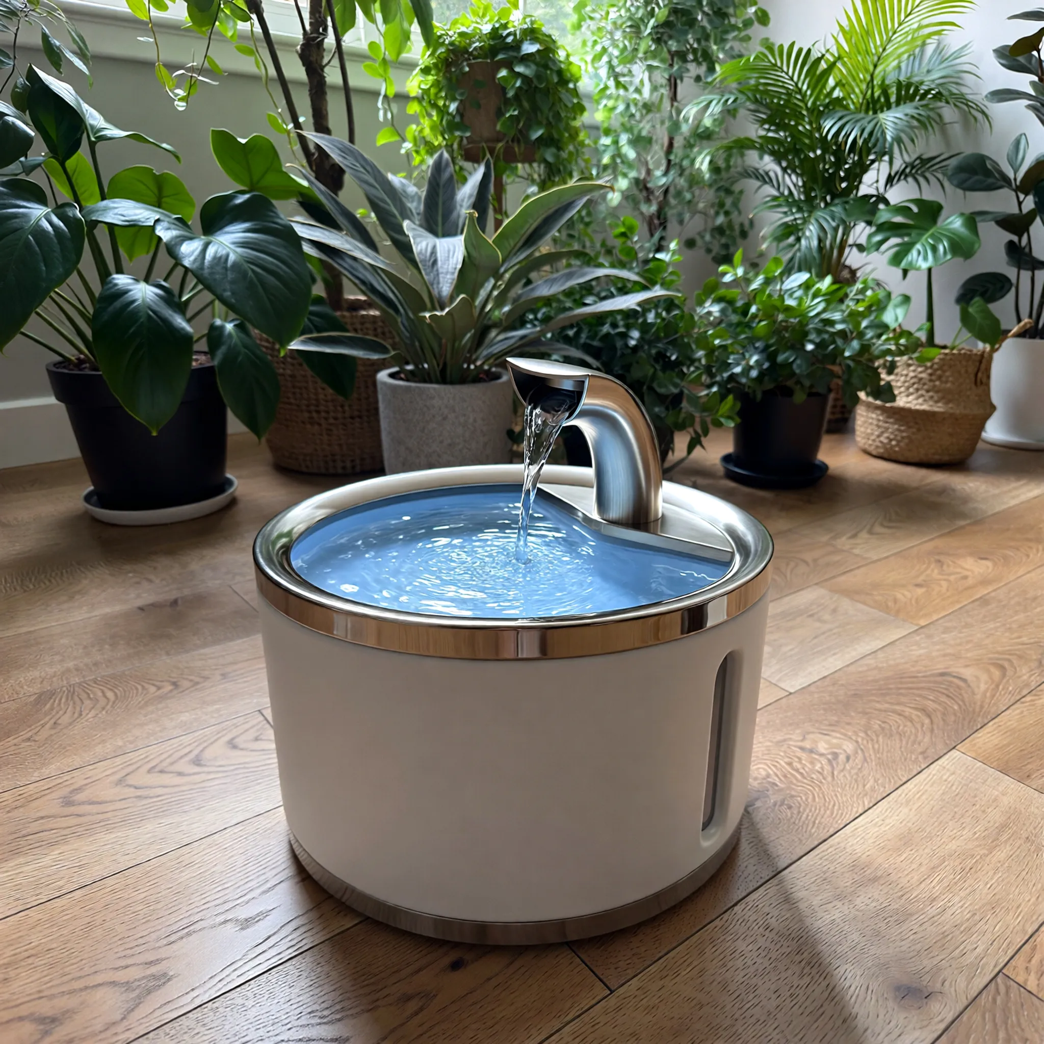 Nowoczesna fontanna dla zwierząt z delikatnym strumieniem wody, wspierająca profilaktykę układu moczowego.