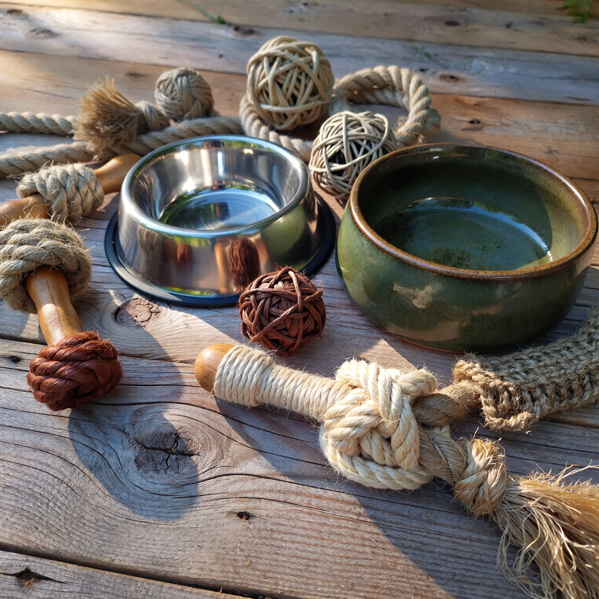 Ekologiczne akcesoria dla zwierząt z biomateriałów: stalowa miska, ceramiczna miska i zabawki z juty i konopi na drewnianym tle.