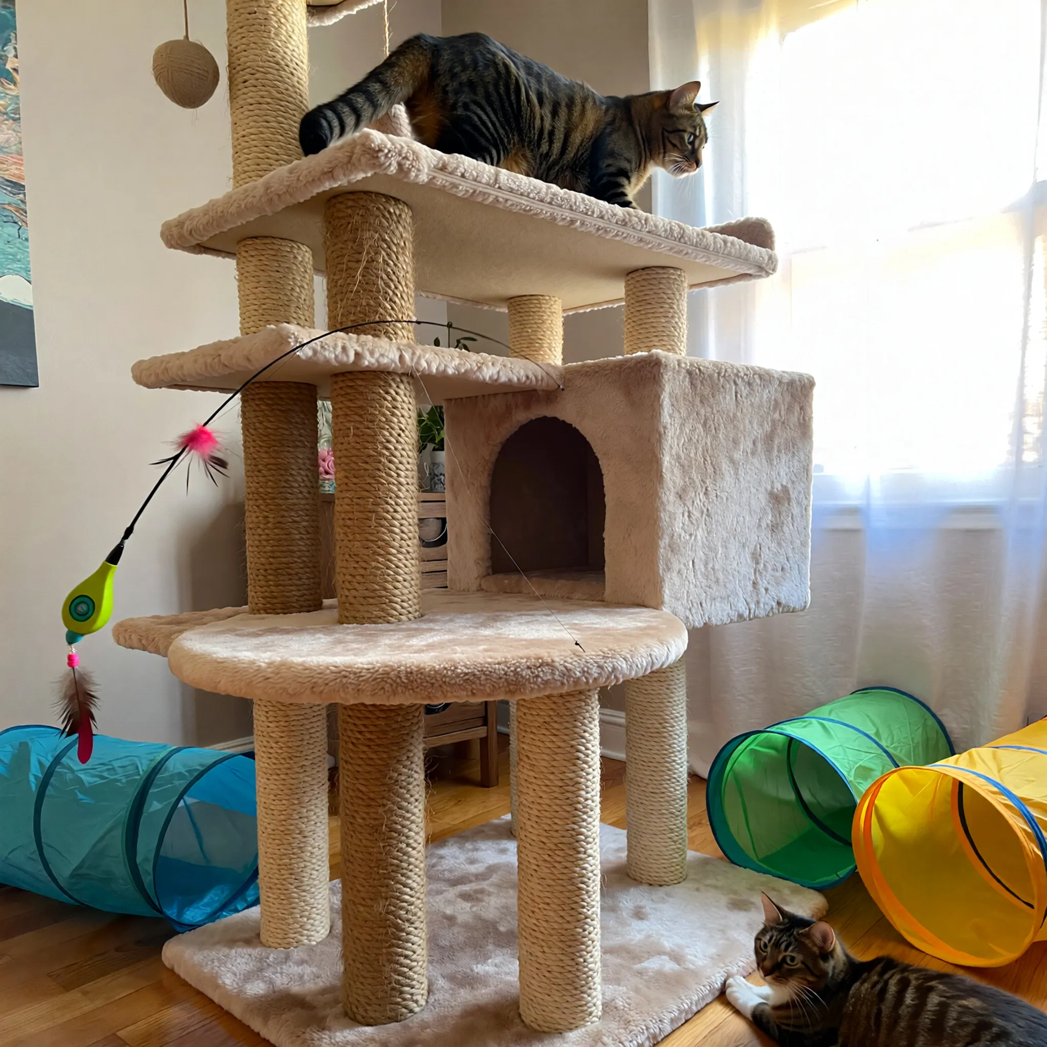 Stabilny drapak dla kotów z platformami i interaktywnymi zabawkami w przytulnym wnętrzu, idealny do zabawy i relaksu.
