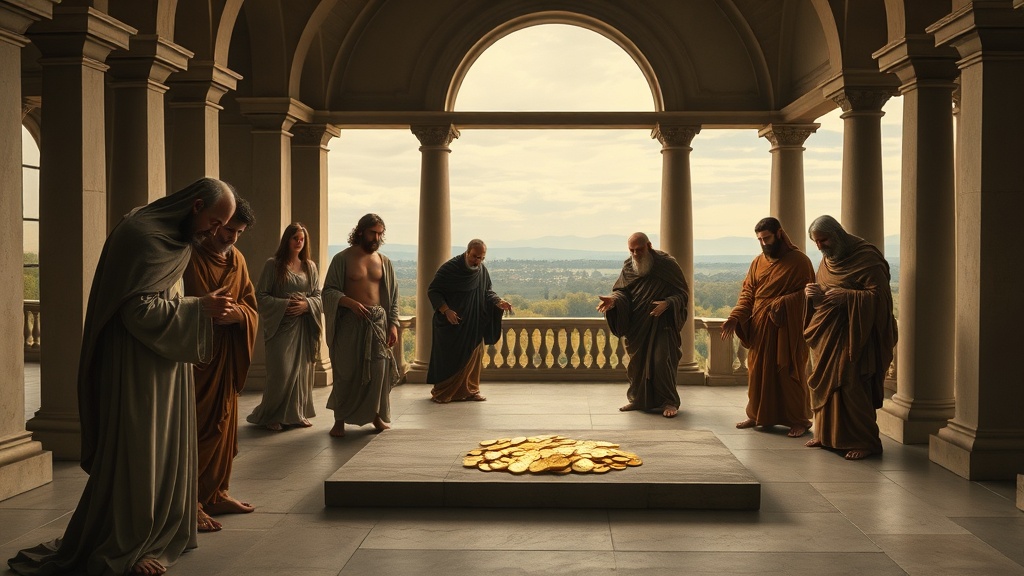 A calm, allegorical religious scene in the style of Leonardo da Vinci, composed for a sermon illustration about the dangers of wealth and frenetic pursuit of short-term gain.