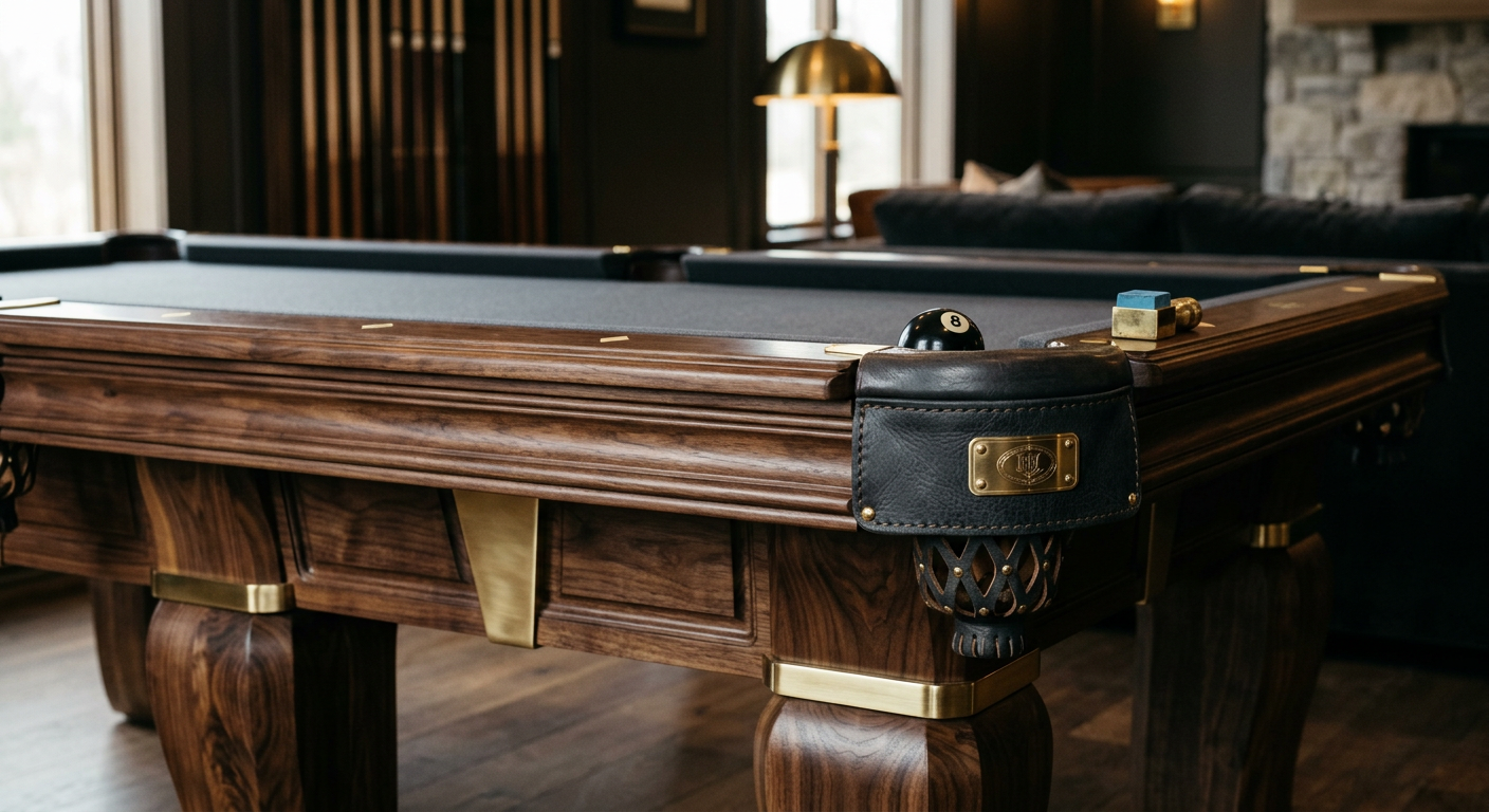 A close-up photorealistic interior shot of a handcrafted luxury pool table detail, showing sculpted base lines, premium le...