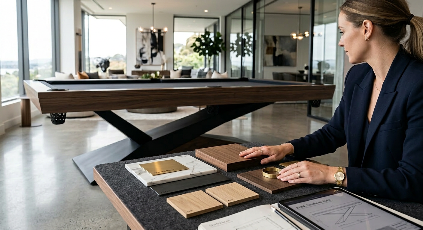 Photorealistic interior scene showing a designer selecting finishes for a cantilever pool table, close-up of wood, metal, ...