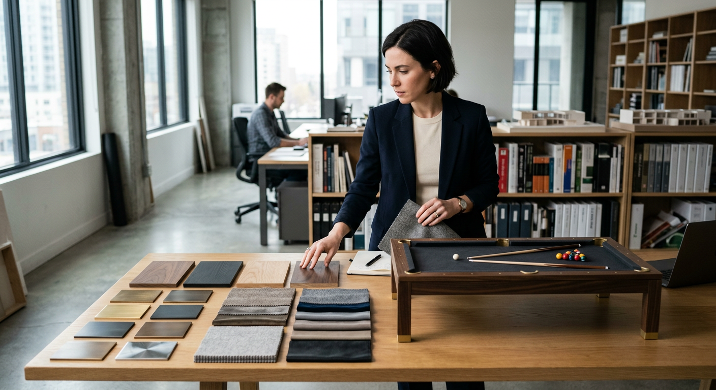 An interior designer reviewing material samples beside a custom billiards table mockup, with wood veneers, metal finishes,...