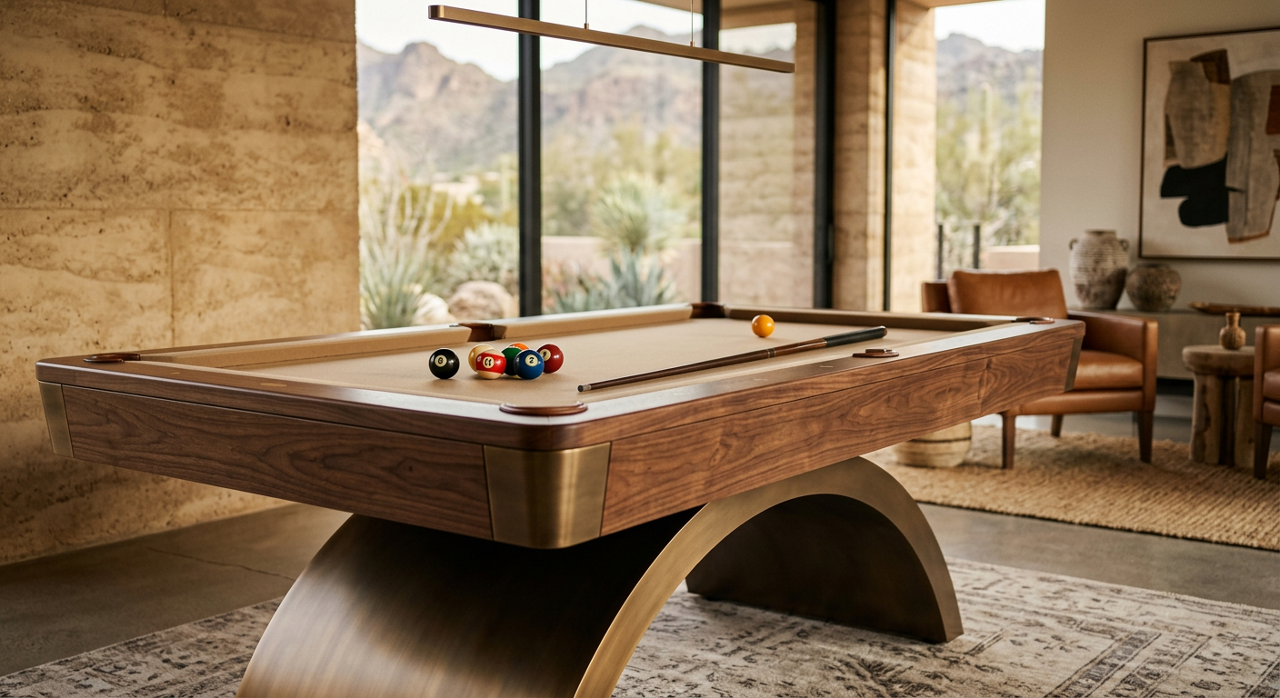 Elegant close-up of a modern cantilever pool table with satin wood grain, brushed metal base, and premium felt, placed in ...