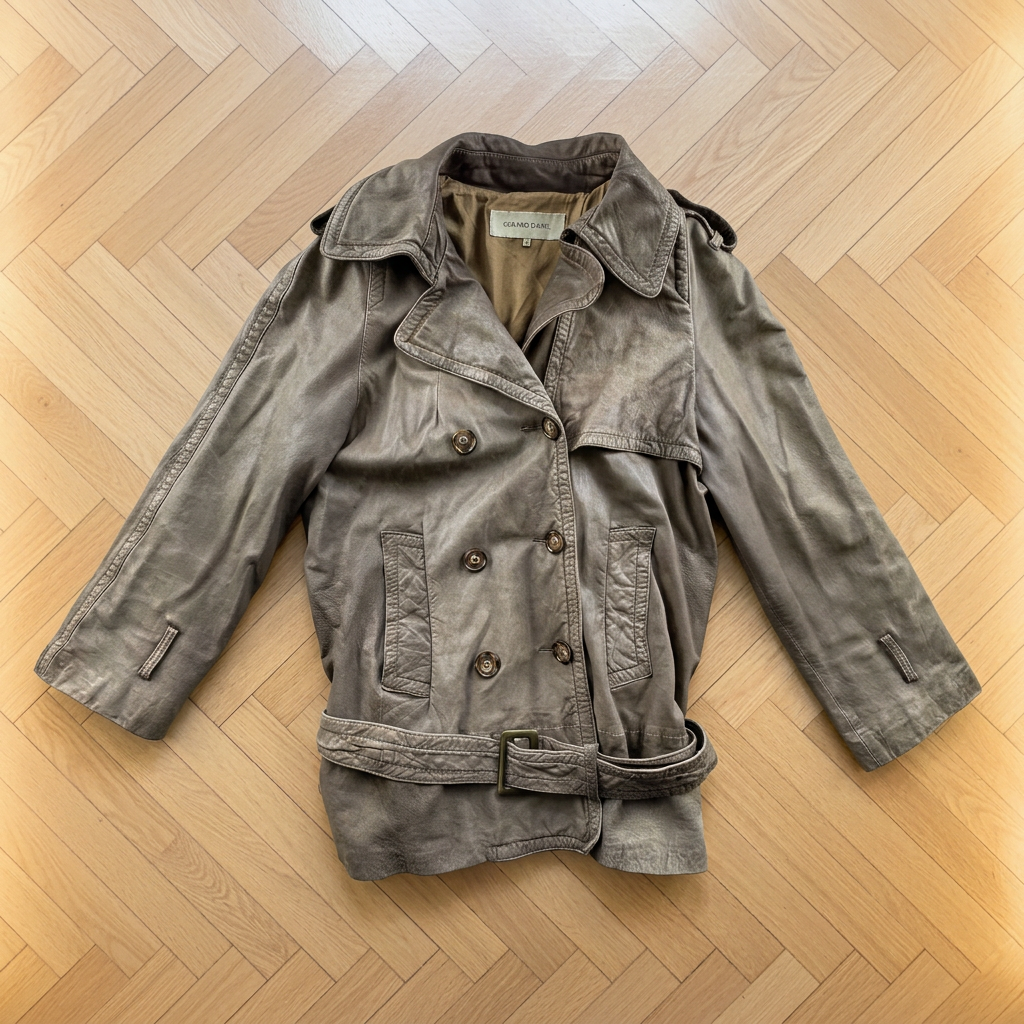 AI-enhanced trench coat photo for Vinted listing