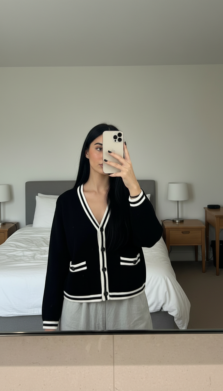 AI-enhanced cardigan photo for Vinted listing