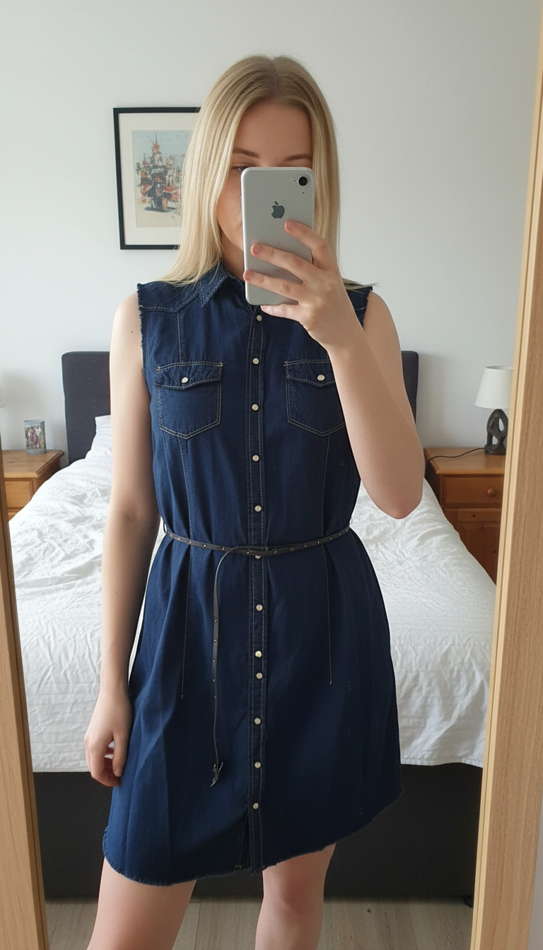 AI-enhanced denim dress photo for Vinted listing