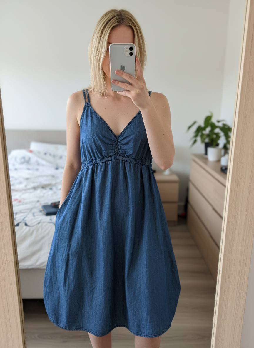 AI-enhanced denim dress photo for Vinted listing