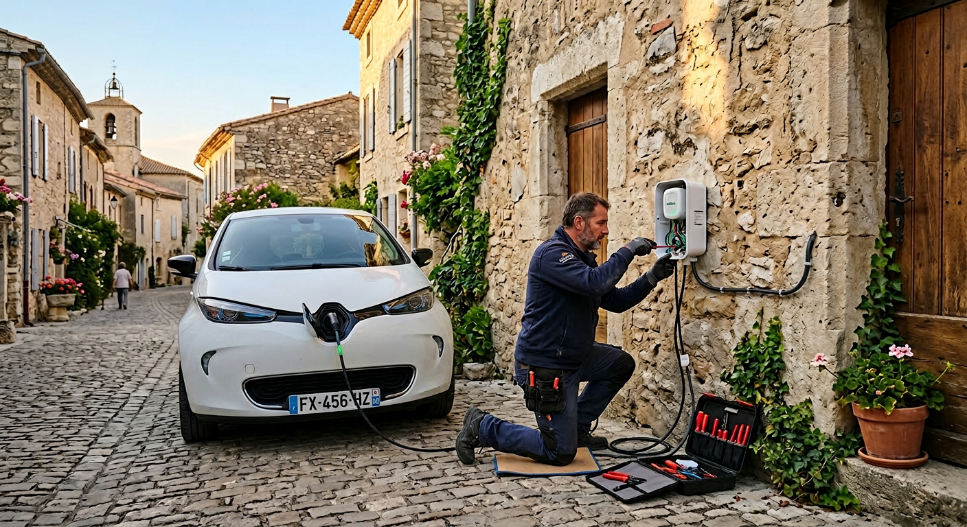 Installateur pose une borne de recharge électrique IRVE sur un mur extérieur en pierre d'une maison avec voiture en charge à proximité
