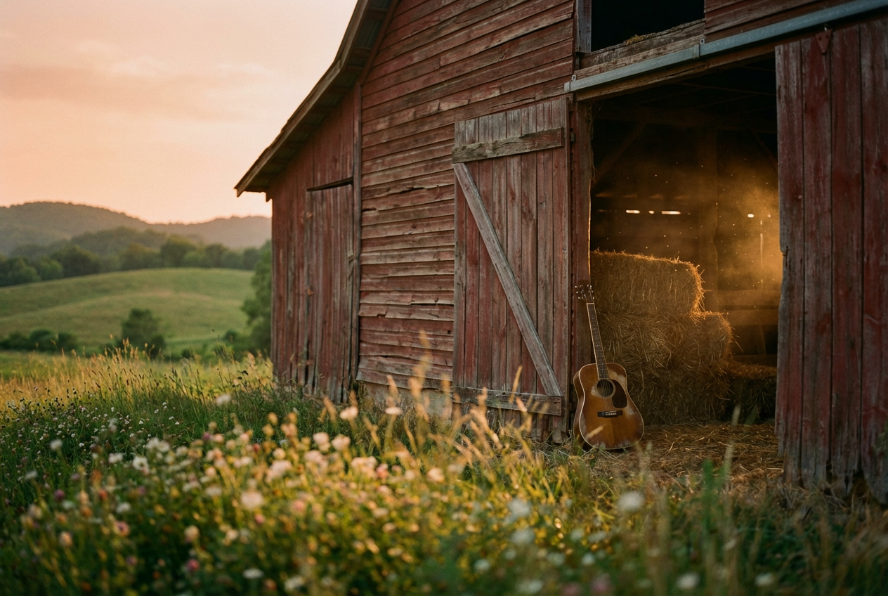A warm golden hour scene of an old barn with weathered red paint, an acoustic guitar leaning against the doorframe