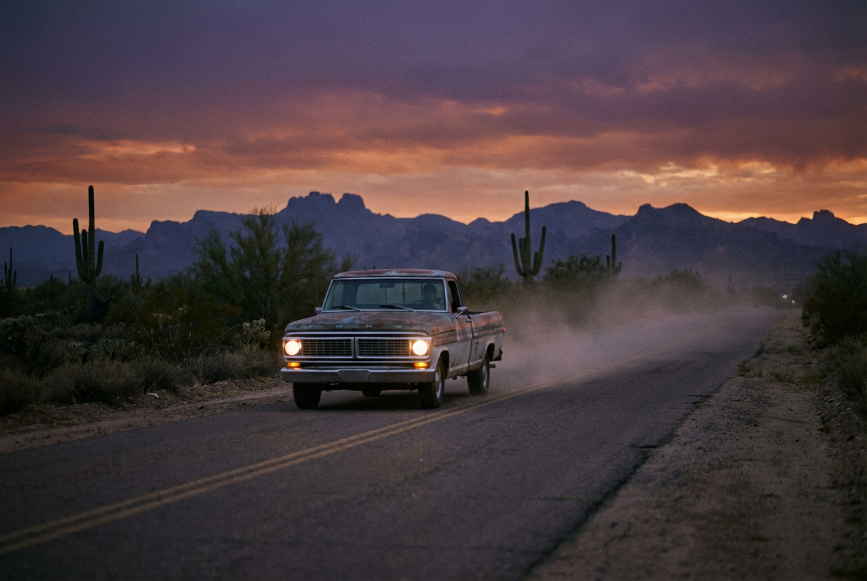 A cinematic still from a country music video showing a pickup truck on a desert highway at dusk