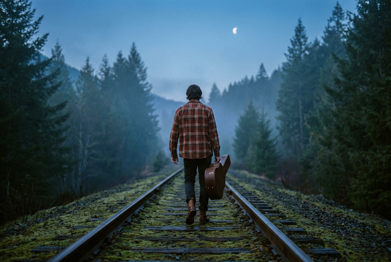 A moody Americana scene with a figure walking along railroad tracks at twilight