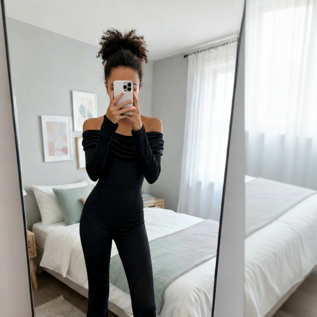 AI-enhanced off-the-shoulder jumpsuit photo for Vinted listing
