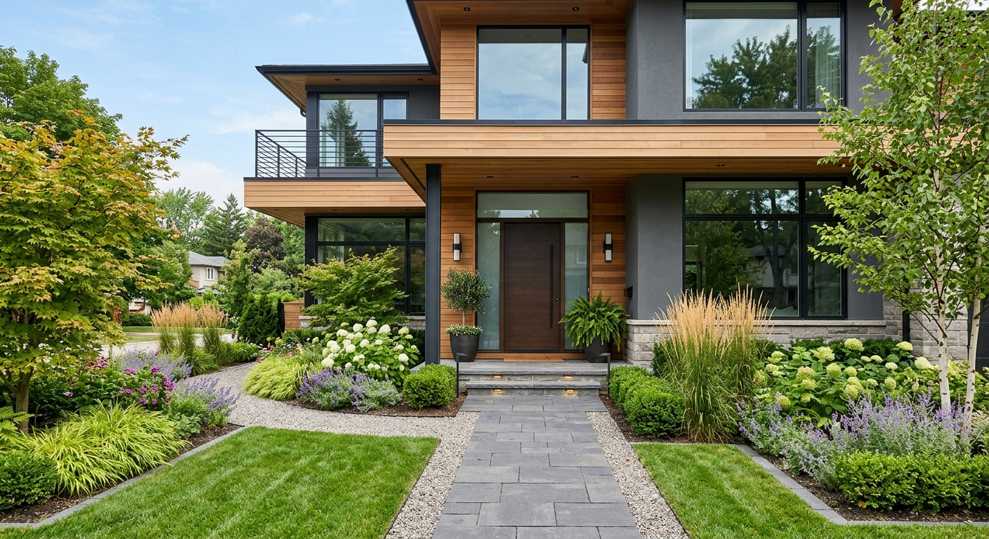 Modern residential house exterior with well-maintained landscaping and welcoming front entrance