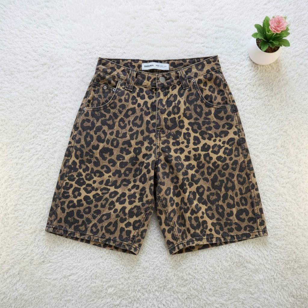 AI-enhanced leopard print shorts photo for Vinted listing