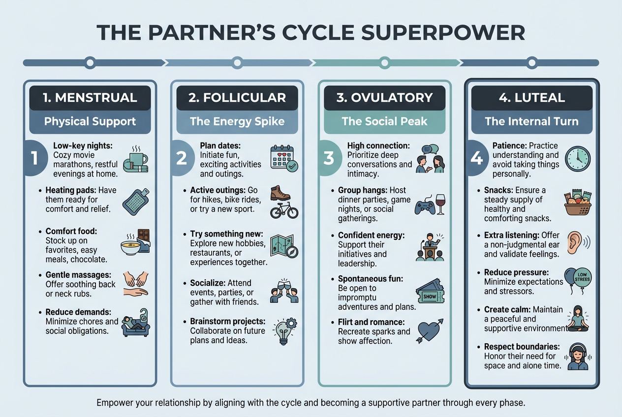 A horizontal infographic showing the four menstrual phases - Menstrual, Follicular, Ovulatory, and Luteal - with specific action tips for male partners.