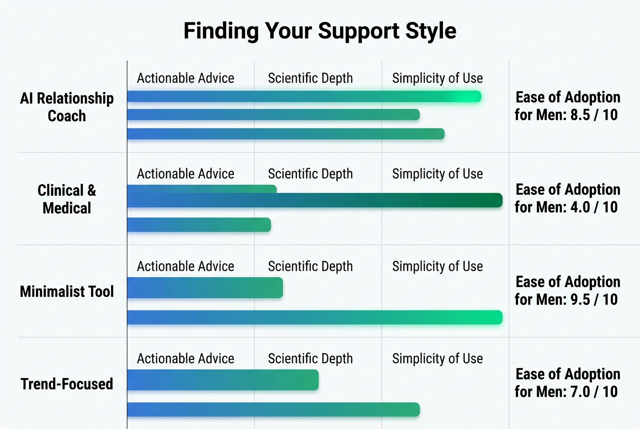 A comparison chart for men's period tracking apps, ranking them by actionable advice, scientific depth, and simplicity across different app categories.