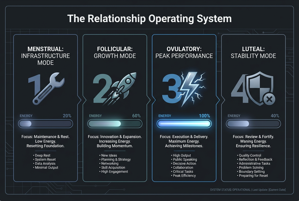 An infographic titled The Relationship Operating System showing four phases of the menstrual cycle as a technical roadmap for relationship support.