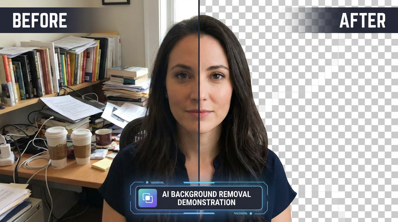 Before and after split screen showing cluttered background on left and clean cutout with transparent background on right