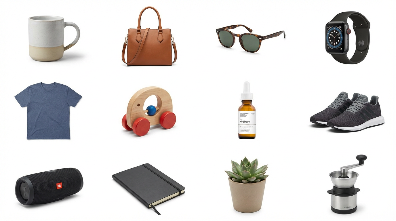 E-commerce product catalog with multiple items having their backgrounds removed, clean white background