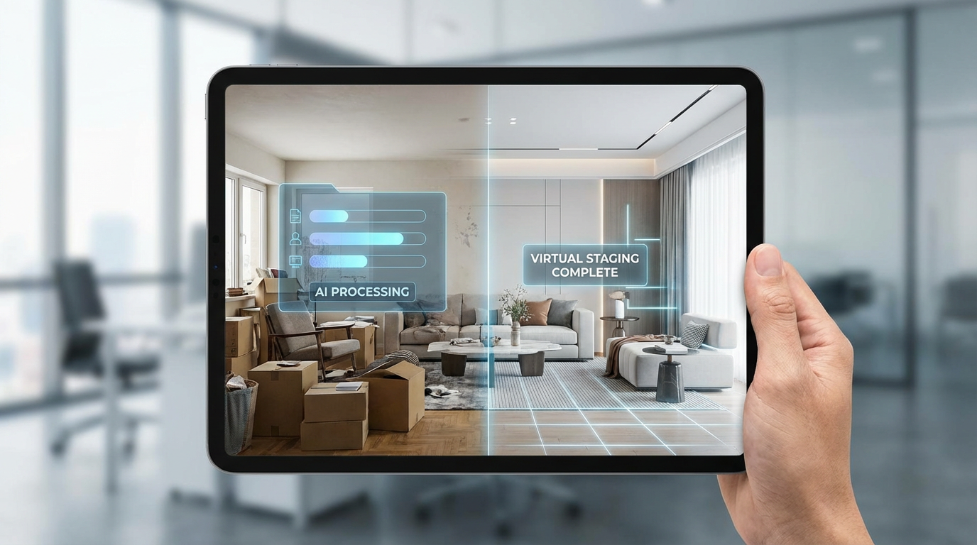 Real estate interior photo being processed by AI background removal with clean virtual staging result