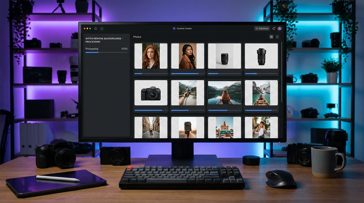 Multiple images with backgrounds being removed simultaneously in batch processing interface