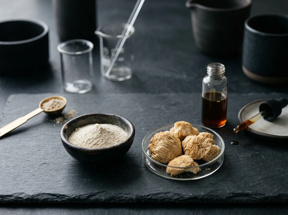 Detailed editorial shot of quality raw materials and clean scientific aesthetics of sports supplementation.