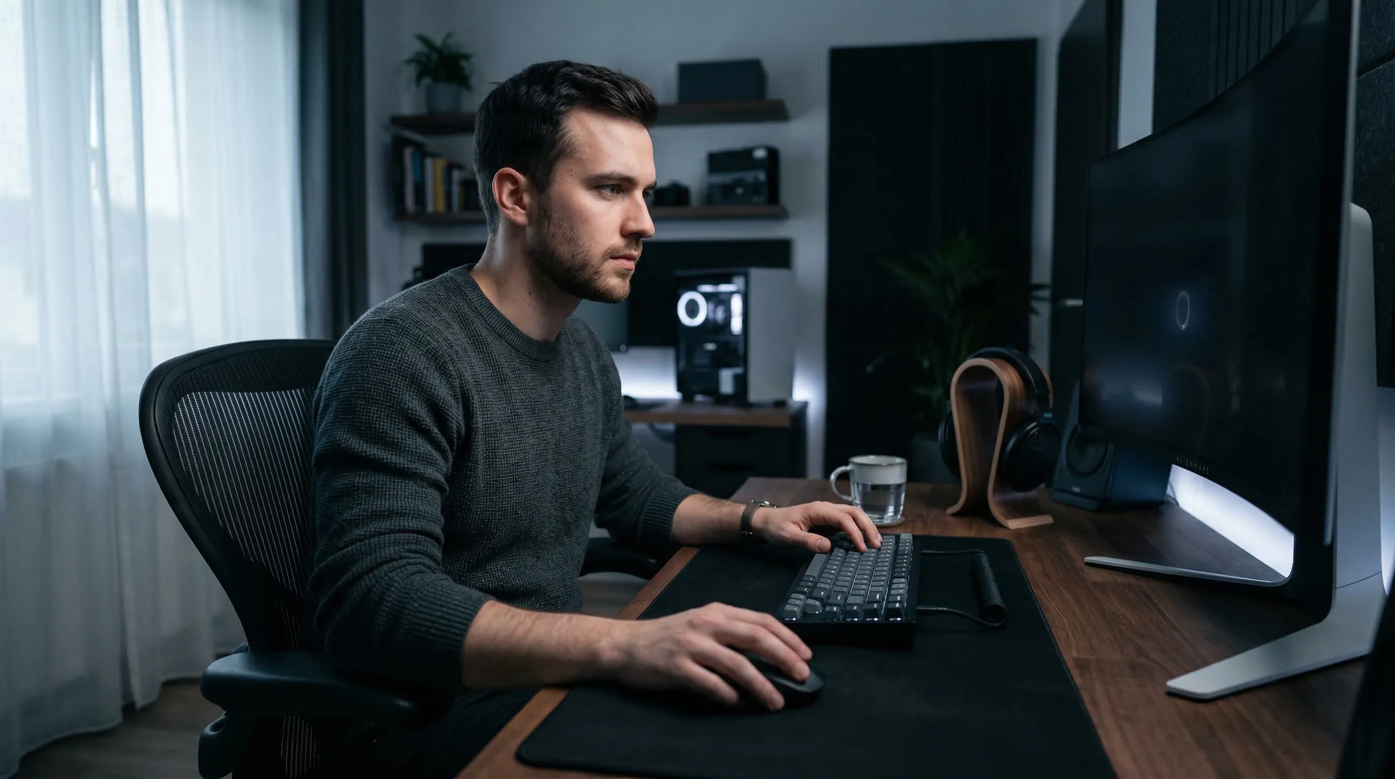 Focused player at a minimalist gaming desk, emphasis on mental performance and precision.