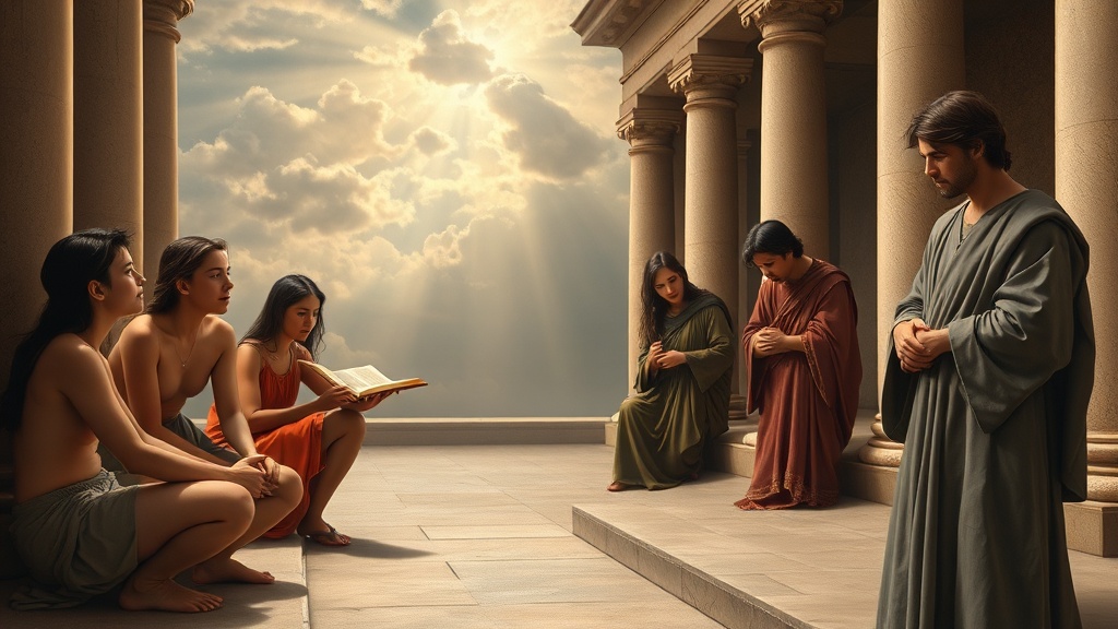 Renaissance-style mentor guiding contemplative youths in a courtyard