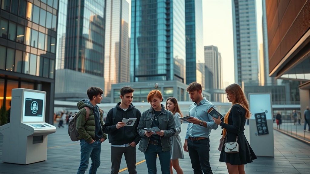 Contemporary urban career guidance plaza with youth and counselor