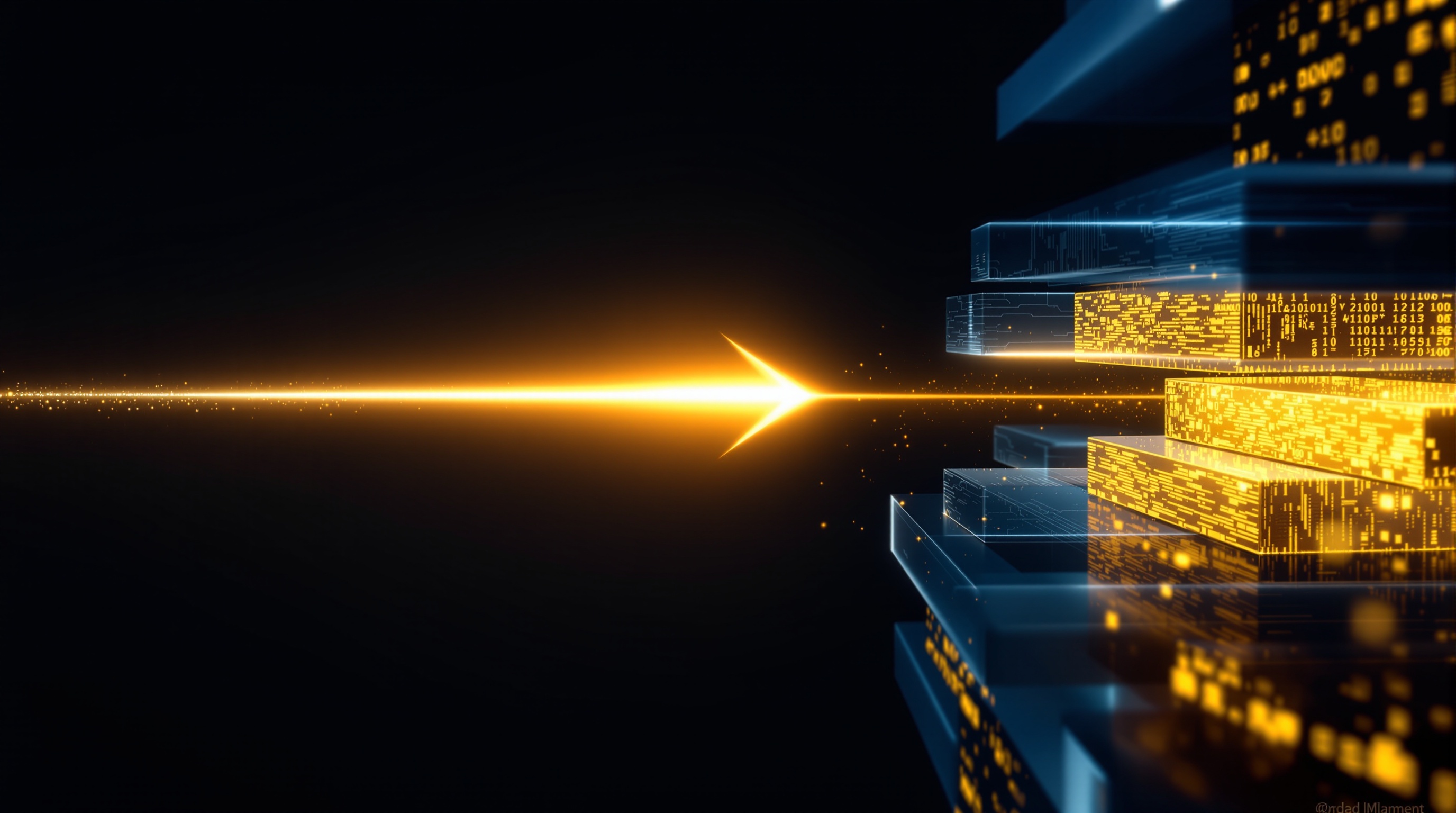 Goldener Lichtstrahl durchdringt horizontale Industrie-Schichten auf dunklem Navy-Hintergrund als Symbol für den Wertshift von Software zu Ergebnis