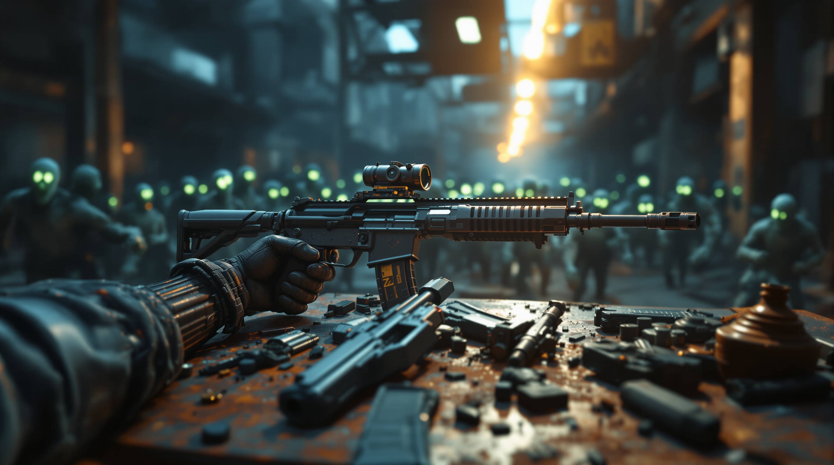Jugador ensamblando un arma en el GunX shooter de ensamblaje VR