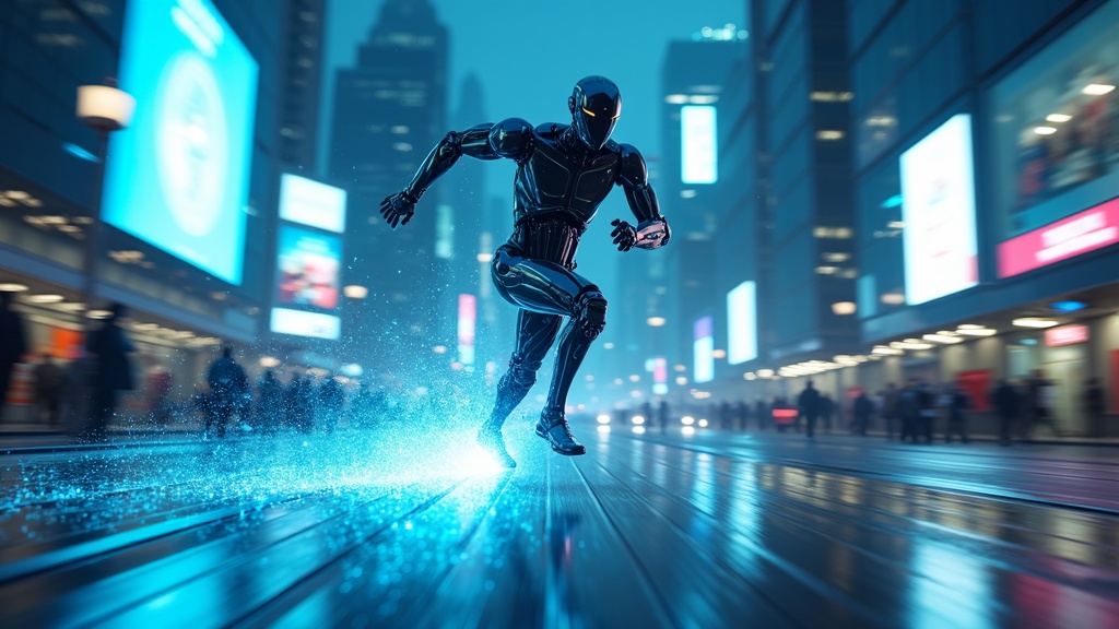 Robot humanoide chino corriendo a alta velocidad en una pista de atletismo