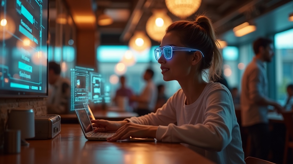 Persona utilizando la interfaz de usuario proyectada por unas gafas inteligentes en un entorno urbano